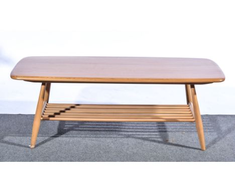 Lucian Ercolani for Ercol, an elm and beech occasional coffee table, shape 398, rack undertier, length 104cm, width 36.5cm, h