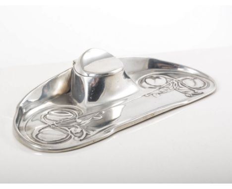 Archibald Knox for Liberty & Co, a Tudric pewter inkwell, circa 1900, high polished finish, the tray cast with stylised leave
