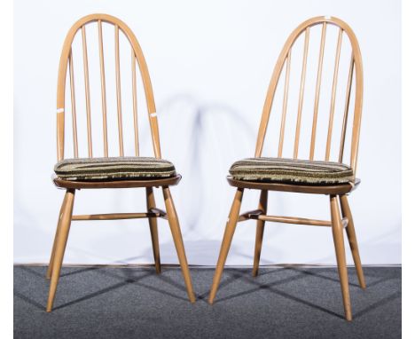 Lucian Ercolani for Ercol, a set of six elm 'Quaker back' Windsor dining chairs, shape 365, rounded oyster shape seat covers 