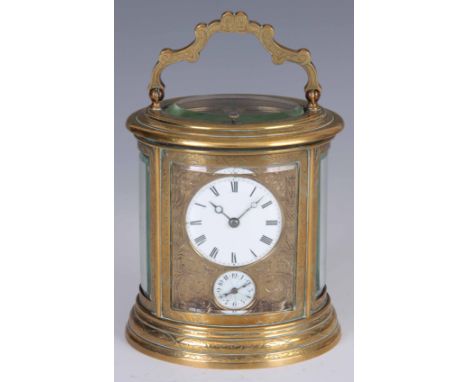 JOSEPH SOLDANO, PARIS. A LATE 19th CENTURY FRENCH OVAL ENGRAVED REPEATING CARRIAGE CLOCK the moulded brass case with scroll a