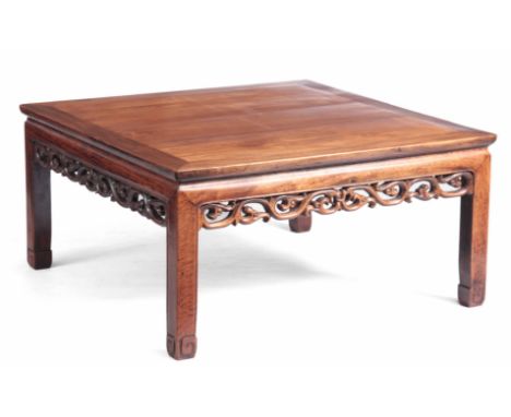 A 19TH CENTURY CHINESE HARDWOOD SQUARE COFFEE TABLE with paneled top standing on squared carved leg supports joined by pierce