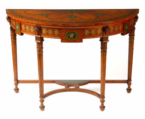 A FINE LATE 19TH CENTURY ADAM STYLE PAINTED FIGURED SATINWOOD DEMI LUME SIDE TABLE of classical design with Ram's head motifs