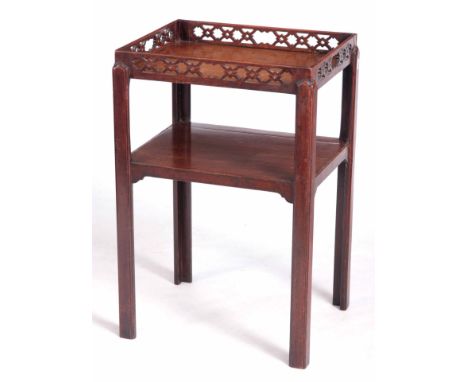 A MID 18TH CENTURY CHINESE CHIPPENDALE STYLE NIGHT TABLE with fret cut gallery top, standing on shaped D moulded edge square 