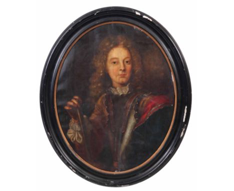 AN EARLY PORTRAIT OF A GENTLEMAN IN ARMOUR OIL ON CANVAS LAID ON WOODEN PANEL SIGNED TROY L. ANNO 1761 in an oval gilt and eb