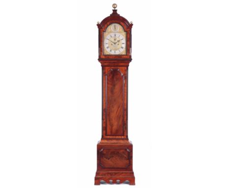 HENRY FISH, ROYAL EXCHANGE, LONDON. A FINE GEORGE III FLAMED MAHOGANY CASED LONGCASE CLOCK the arched hood surmounted by thre