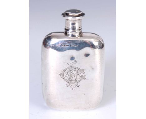 A GEORGE V SMALL SILVER HIP FLASK of rectangular slightly bowed form with screw on top and engraved monogrammed front 10.5cm 