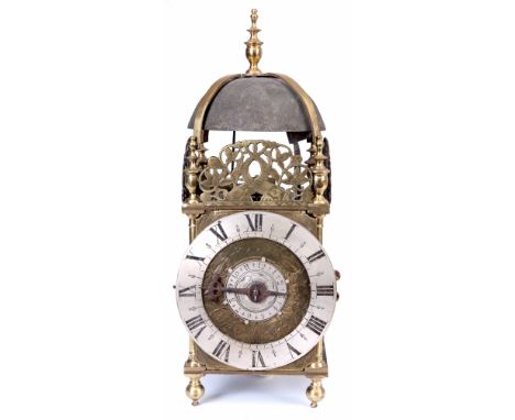 BENJAMIN HILL, LONDINI. A RARE CHARLES II LANTERN CLOCK the brass dial with early tulip engraved decoration and alarm dial to