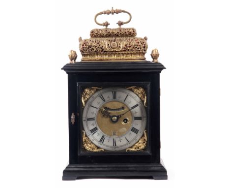 JOHN SHAW, HOLBORN. A LATE 17th CENTURY EBONISED BRACKET CLOCK with gilt basket top above a moulded glazed square door enclos