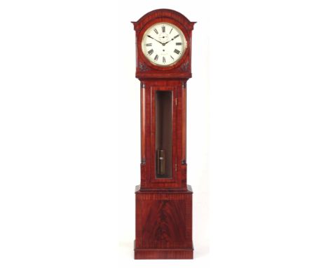 A 19th CENTURY SCOTTISH MAHOGANY CASED REGULATOR LONGCASE CLOCK the break arch hood with ebony string inlay and carved thistl