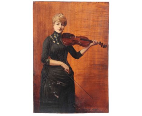J.R. CRAWLEY. OIL ON BOARD. A late 19th portrait of a well dressed lady playing the violin on fiddleback hardwood ground 35cm