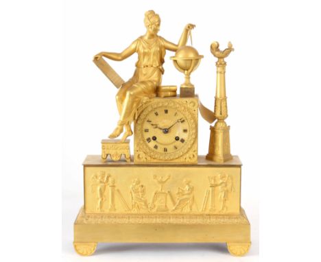 AN EARLY 19th CENTURY FRENCH EMPIRE ORMOLU FIGURAL MANTEL CLOCK formed as a classical maiden depicting the arts of science ha