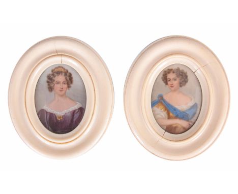 A PAIR OF 18TH CENTURY PORTRAIT MINIATURES ON IVORY IN OVAL IVORY FRAMES one with a lady with a purple dress and a tiara the 