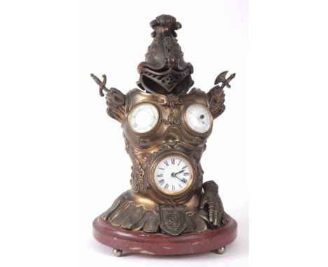 A LATE 19th CENTURY FRENCH BRONZE INDUSTRIAL HERALDIC CLOCK/BAROMETER formed as a suit of armour mounted on rouge marble base