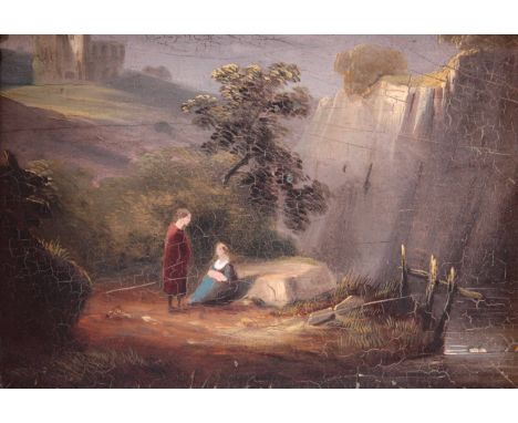 A 19th CENTURY OIL ON PANEL. Two young woman standing beside a river with castle in the background 12.5cm high 18cm wide - in