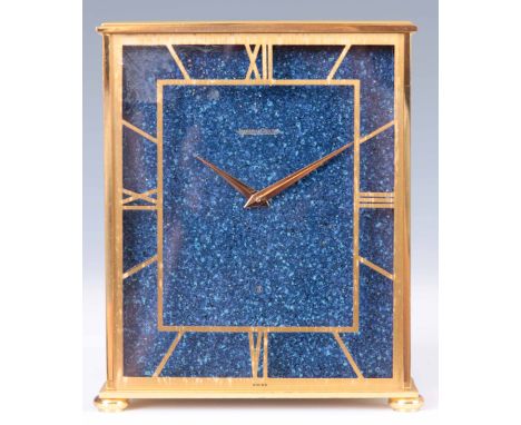 JAEGER-LECOULTRE. A SWISS MID 20th CENTURY GILT BRASS AND FAUX LAPIS LAZULI MANTEL CLOCK of rectangular form having inset gla