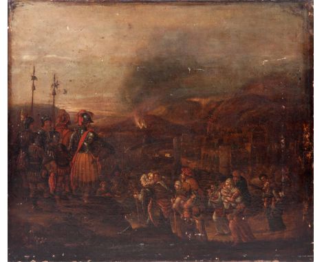 A 17th/18th CENTURY OIL ON CANVAS LAID ON PANEL. Depicting the famous scene of the siege of Weinsberg with woman carrying the