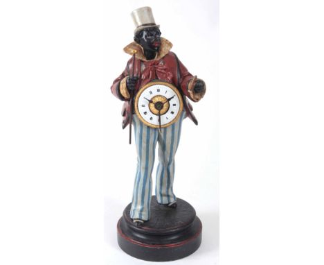 AN EARLY 20th CENTURY AMERICAN BLACKAMORE ALARM CLOCK modelled as a man dressed as Uncle Sam with cigar enclosing a 2" porcel