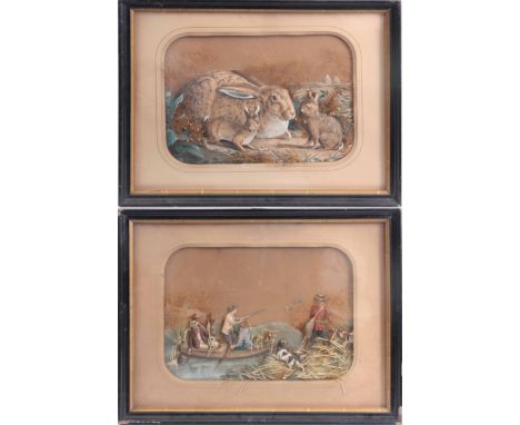 A PAIR OF FRENCH LATE 19TH CENTURY WALL HANGING DIORAMAS of a duck hunting scene with spaniels on a lake and a rabbit with he