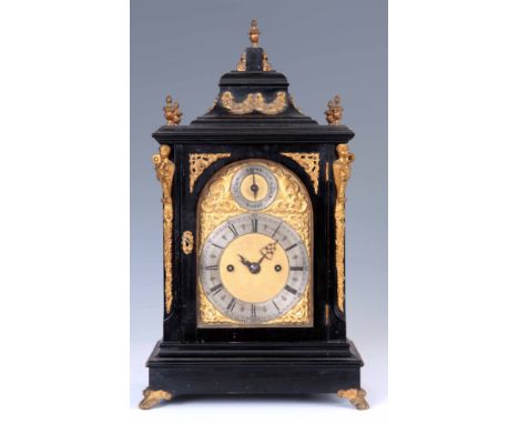 JOHN WALKER, LONDON. A LATE 19th CENTURY ENGLISH EBONISED AND ORMOLU MOUNTED BRACKET CLOCK OF SMALL PROPORTIONS with bell top