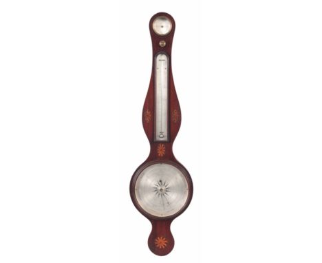 P HARRIS, LONDON. A GEORGE III INLAID MAHOGANY BAROMETER the rounded top case with chequered string and shell inlays enclosin