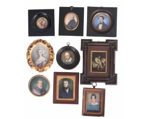 A SELECTION OF NINE 18TH AND 19TH CENTURY PORTRAIT MINIATURES comprising of a lady putting on stockings, on metal panel. A ge