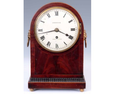 ANDREWS, LOWER CLAPTON. A REGENCY ENGLISH FUSEE MANTEL CLOCK with arched flamed mahogany case with boxwood string inlay and b