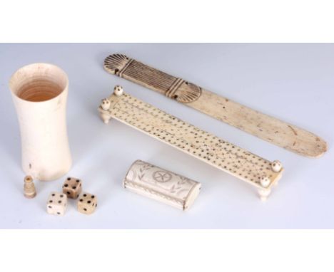 A SELECTION OF 19th CENTURY BONE PRISONER OF WAR ITEMS to include a letter opener, snuff box, cribbage board, dice shaker wit