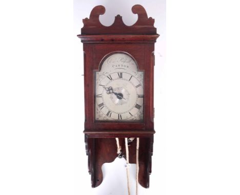 EDWARD RUSSELL, CATTON. A GEORGE III MAHOGANY CASED HOODED WALL CLOCK the sliding hood with swan-neck pediment enclosing a 5"