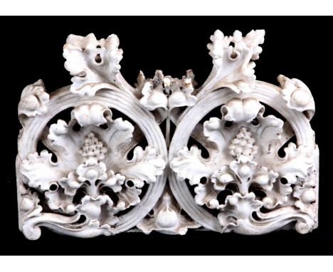AN 18TH CENTURY ITALIAN WHITE MARBLE ARCHITECTURAL CARVING of pierced foliate design 48cm high 71cm wide 12cm deep
