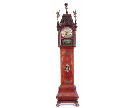 PIETER BRAMER, AMSTERDAM. A MID 18th CENTURY BURR WALNUT AUTOMATION LONGCASE CLOCK the caddy top pediment with pierced sound 