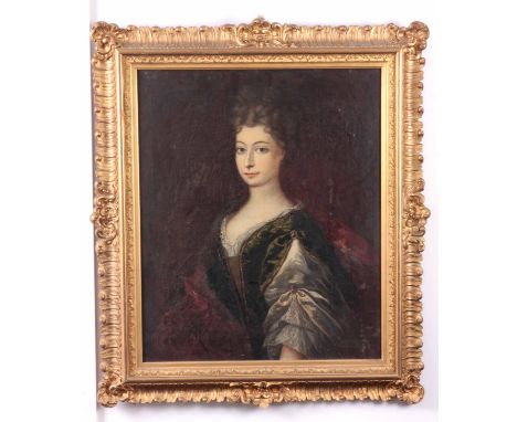 AN 18th/19th CENTURY OIL ON CANVAS. Portrait of a lady in green dress 75cm high 62cm wide - in decorative gilt moulded frame