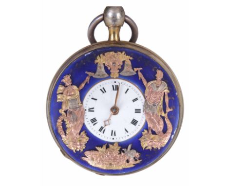 A RARE EARLY 19th CENTURY FRENCH JAQUEMARTS AUTOMATON QUARTER CHIMING POCKET WATCH the gilt case with blue enamel back and ma