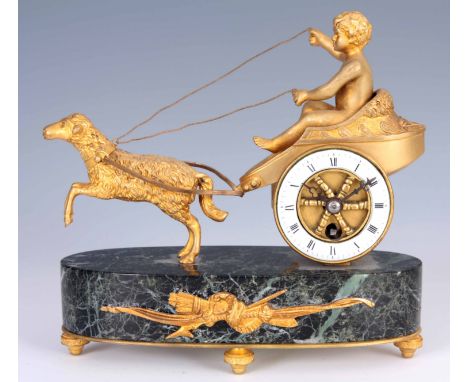 A LATE 19th CENTURY FRENCH ORMOLU AND MARBLE CHARIOT MANTEL CLOCK OF SMALL PROPORTIONS modelled as a boy on chariot being pul