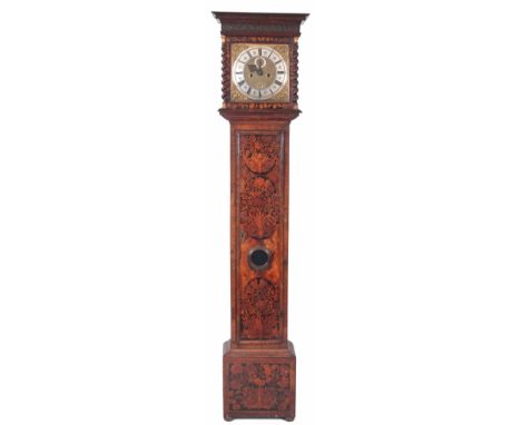 SAMUEL STRETCH, WOLVERHAMPTON. A LATE 17th CENTURY ENGLISH WALNUT AND MARQUETRY PANELLED LONGCASE CLOCK the hood with barley 