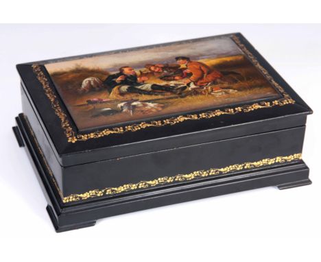 A FINELEY PAINTED  EARLY 20TH CENTURY RUSSIAN LACQUERED JEWELLERY BOX  painted with a scene of hunters having lunch with a do