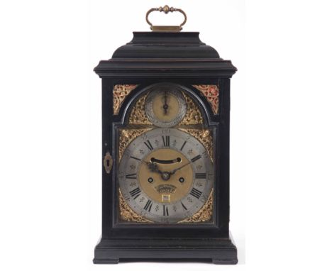 CHARLES MURRAY, LONDON. AN EARLY 18th CENTURY EBONISED BRACKET CLOCK the case with inverted bell top surmounted with brass ha