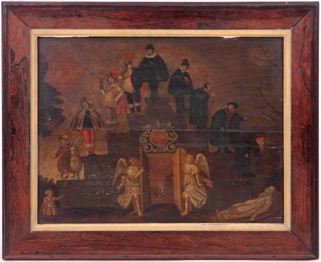 AN EARLY FLEMISH SCHOOL OIL ON BOARD DEPICTING THE AGES OF MAN painted on oak panel in a later Regency Rosewood frame with gi