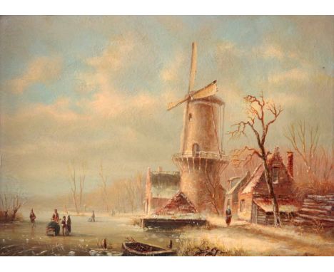 H.A.C. ZANCHERO? OIL ON PANEL. Dutch winter river landscape with windmill and cottage 22.5cm high 30.5cm wide - signed indist
