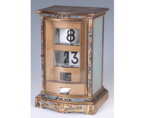 AN UNUSUAL FRENCH LATE 19th CENTURY CHAMPLEVÉ ENAMEL MANTEL CLOCK with brass bow fronted case inset with four glass panels en