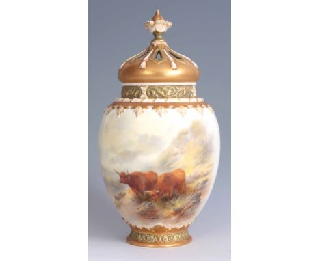 A FINE ROYAL WORCESTER POT POURRI VASE AND COVER BY JOHN STINTON finely painted with a continuous landscape scene with two Hi