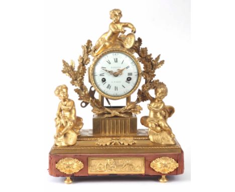 BAILON, PARIS. A FINE 18th CENTURY FRENCH ORMOLU FIGURAL MANTEL CLOCK the case with leafwork decoration surmounted by a cheru