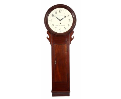 DESBOIS &amp; WHEELER, GRAYS INN PASSAGE. A GEORGE III MAHOGANY TRUNK DIAL WALL CLOCK/TAVERN CLOCK with moulded surround abov