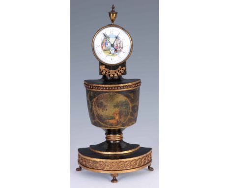 FLY, LONDON. A REGENCY LAQUERED URN SHAPED MANTEL CLOCK the gilt brass clock case enclosing a 3" porcelain Arabic dial with p