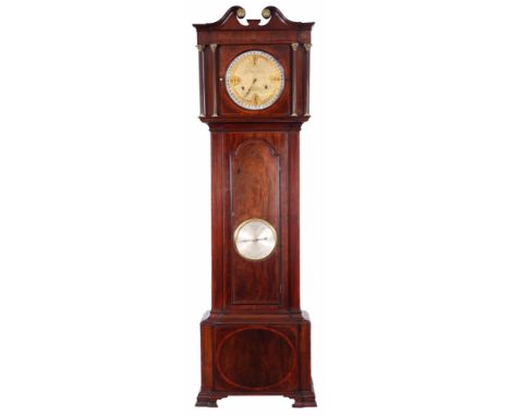 A GIANT SIZE GEORGE III BREAKFRONT FLAMED MAHOGANY AND INLAID  LONGCASE CLOCK with swan neck pediment above glazed door and f