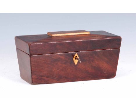 A GEORGE III MAHOGANY TEA CADDY with angled lid and inner lids 21cm wide.