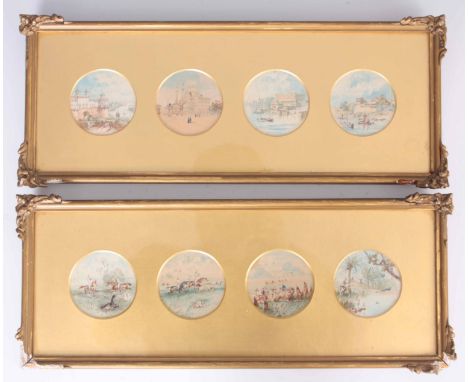 A PAIR OF 19TH CENTURY INDIAN “RAJ” WATERCOLOURS – DEPICTING HUNTING AND TOPOGRAPHICAL SCENES, in two sets of four circular p
