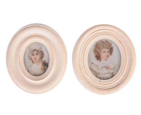 TWO 18TH CENTURY PORTRAIT MINIATURES IN OVAL IVORY FRAMES one of a girl in a white headdress 6.5cm high 5cm wide, the other o