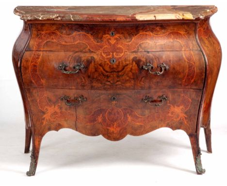 A LOUIS XVI STYLE BOMBE SHAPED THREE DRAWER SERPENTINE COMMODE with veined marble top above three drawers inlaid with box-woo