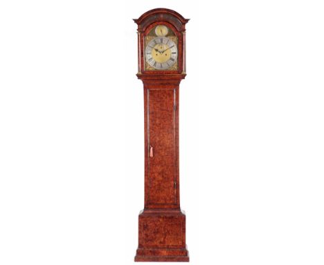 WILLIAM HALSTED, LONDON. AN EARLY 18th CENTURY BURR ELM LONGCASE CLOCK the arched moulded hood with pierced wooden fret above