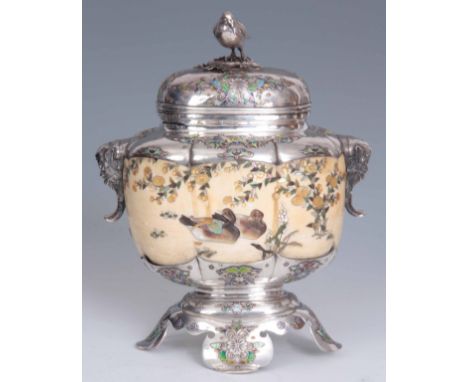 A 19th CENTURY MEIJI PERIOD JAPANESE SILVER AND IVORY SHIBAYAMA TEA CADDY having Foo Dog handles either side of the silver li